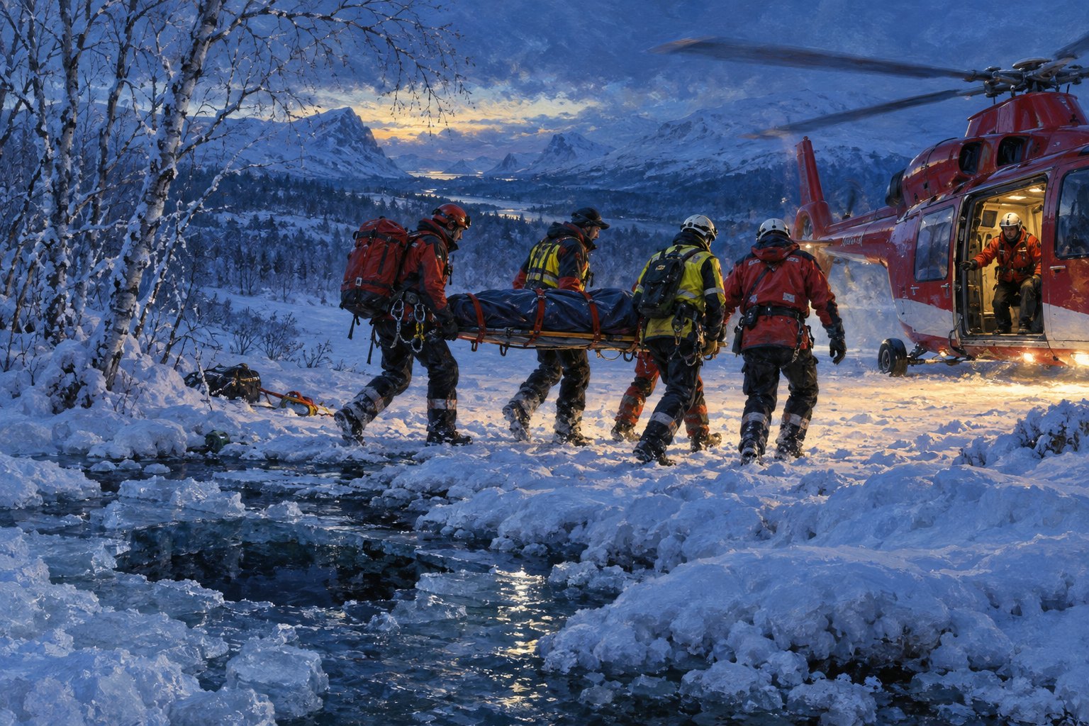 Rescuers carry a covered stretcher from an icy stream toward a helicopter.