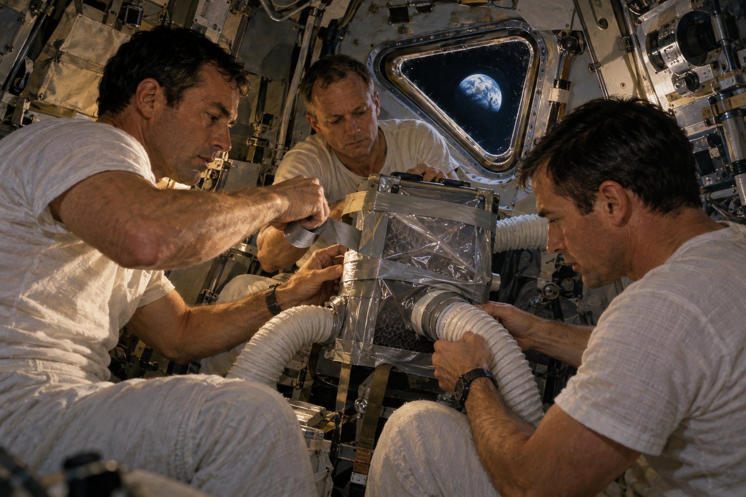 Three astronauts work with tape, hoses and a makeshift air filter in a cramped spacecraft.