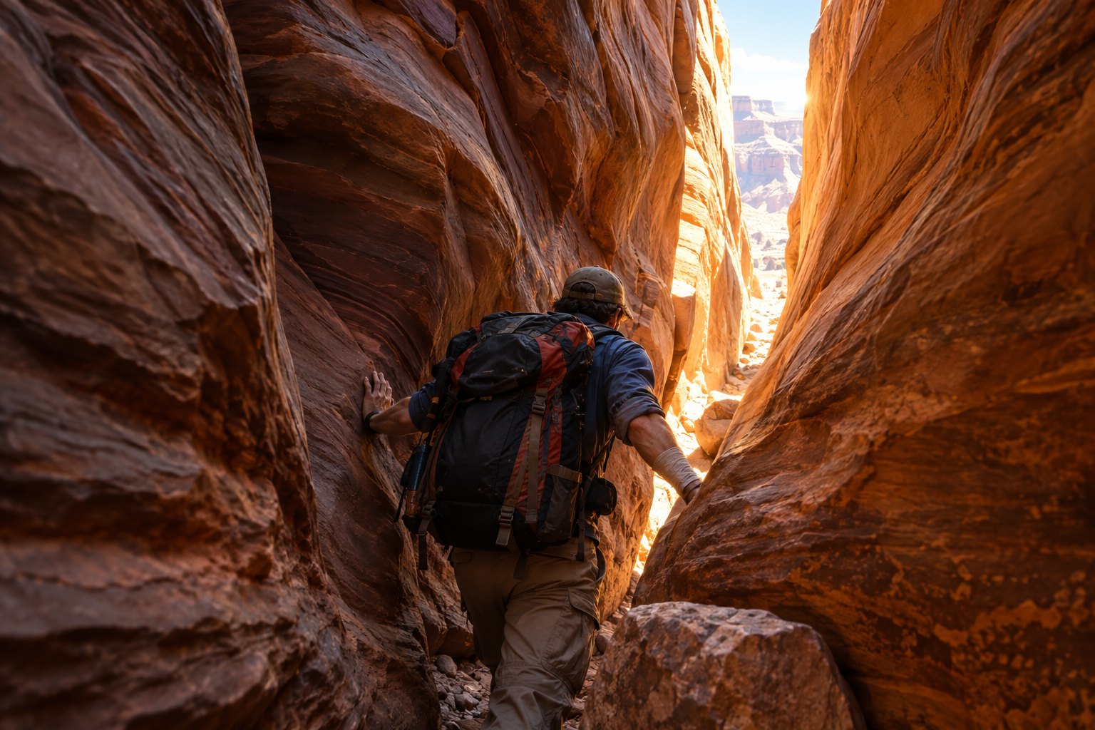 A hiker with a wrapped forearm moves through a narrow sandstone canyon toward daylight.