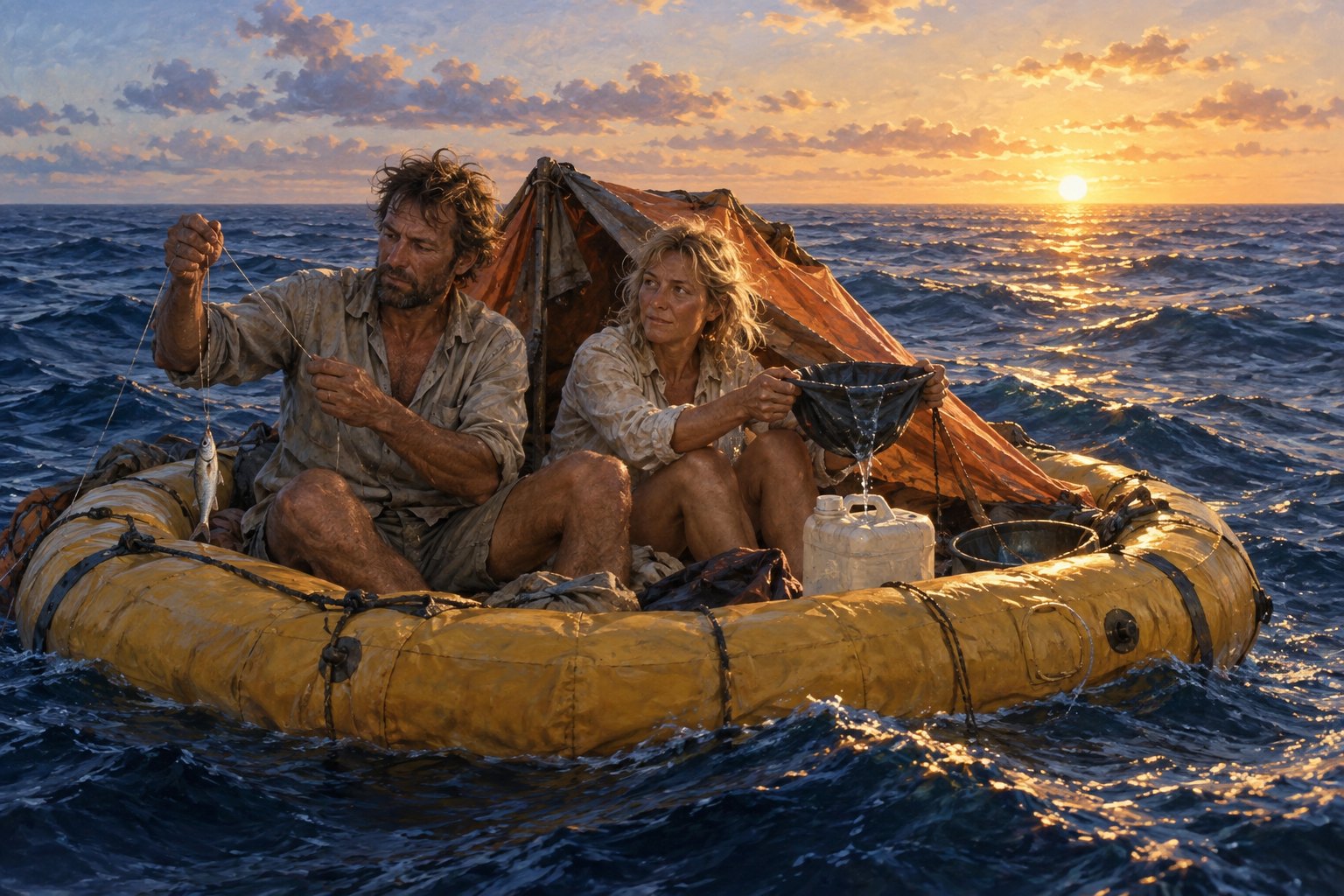 A couple fish and collect water in a small inflatable raft at sea.