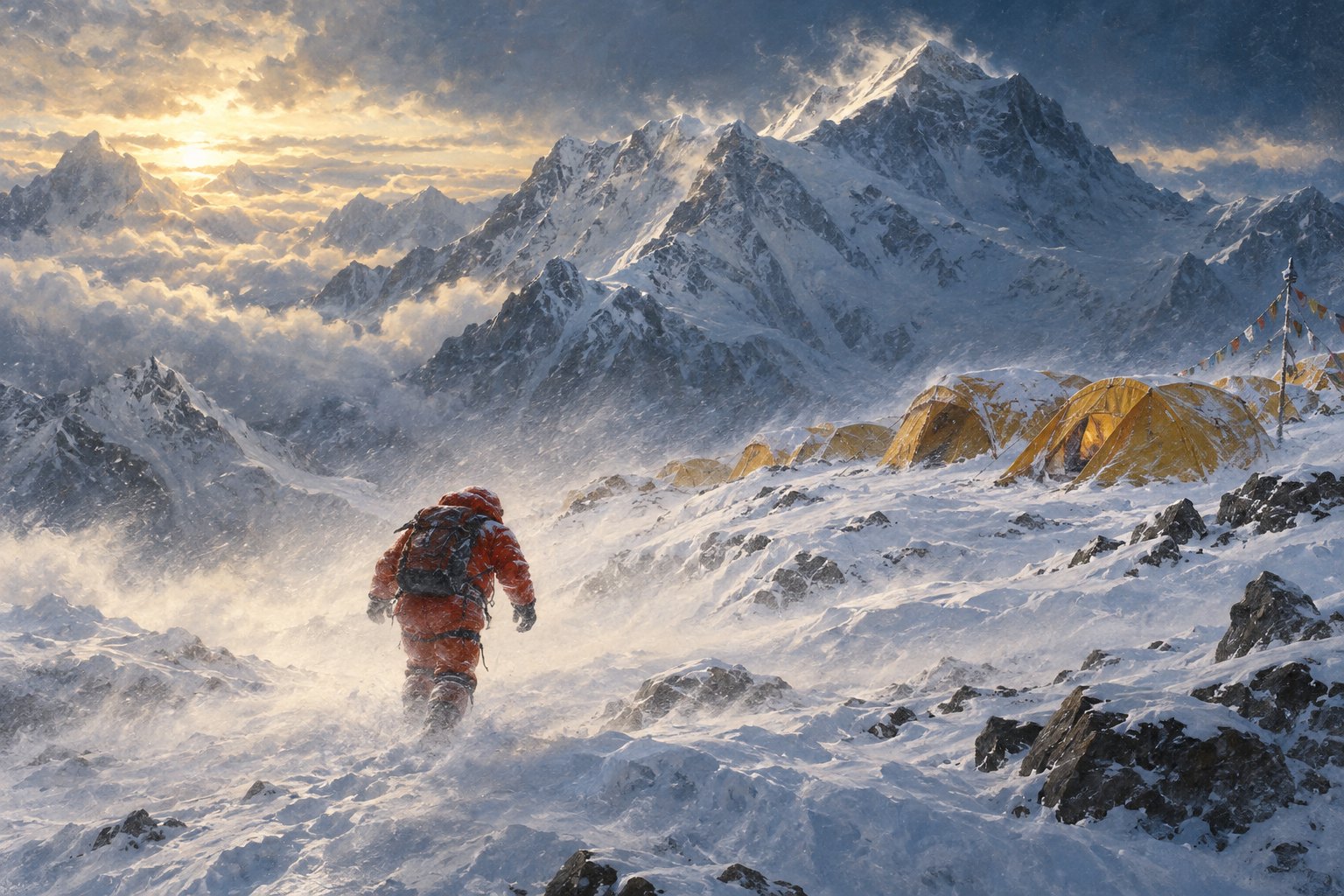 A lone mountaineer approaches high-altitude tents through blowing snow.