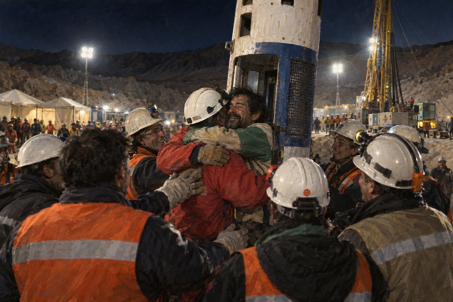 A miner is embraced beside a narrow rescue capsule under nighttime floodlights.