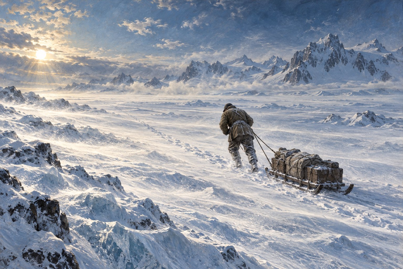 A solitary explorer hauls a sledge across a windswept Antarctic landscape.