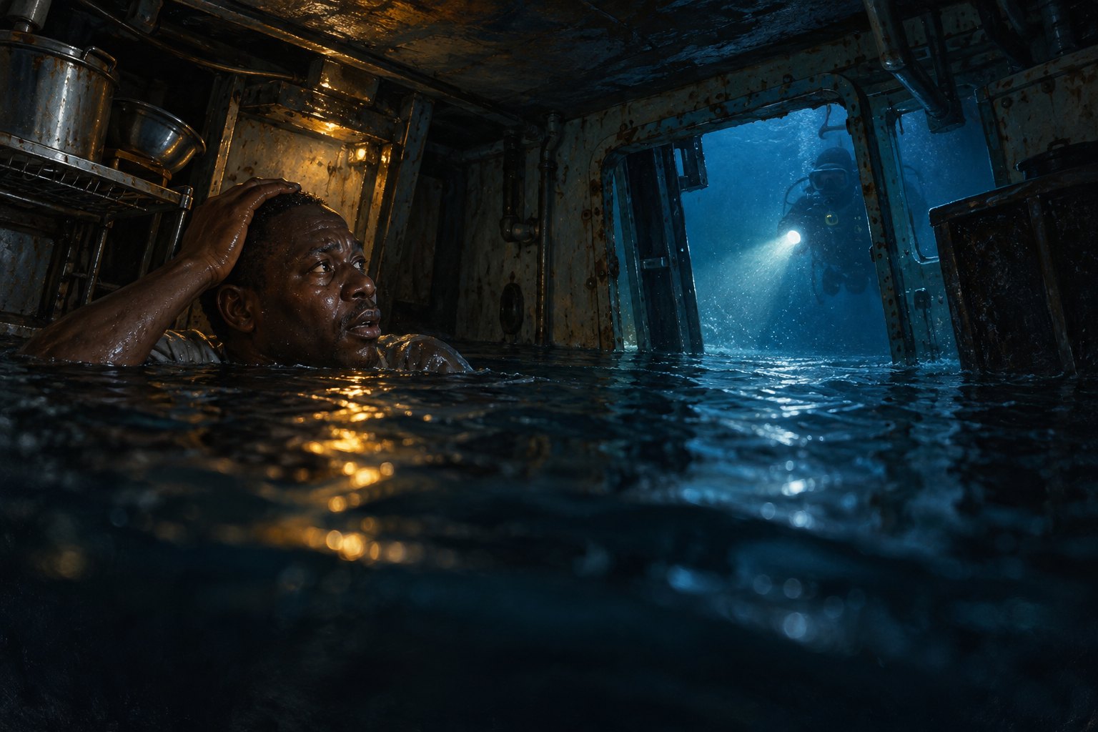 A man waits in an air pocket inside a flooded tug as a diver approaches.