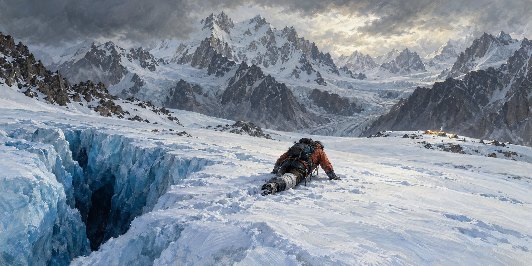 An injured climber crawls across a glacier toward a distant camp.