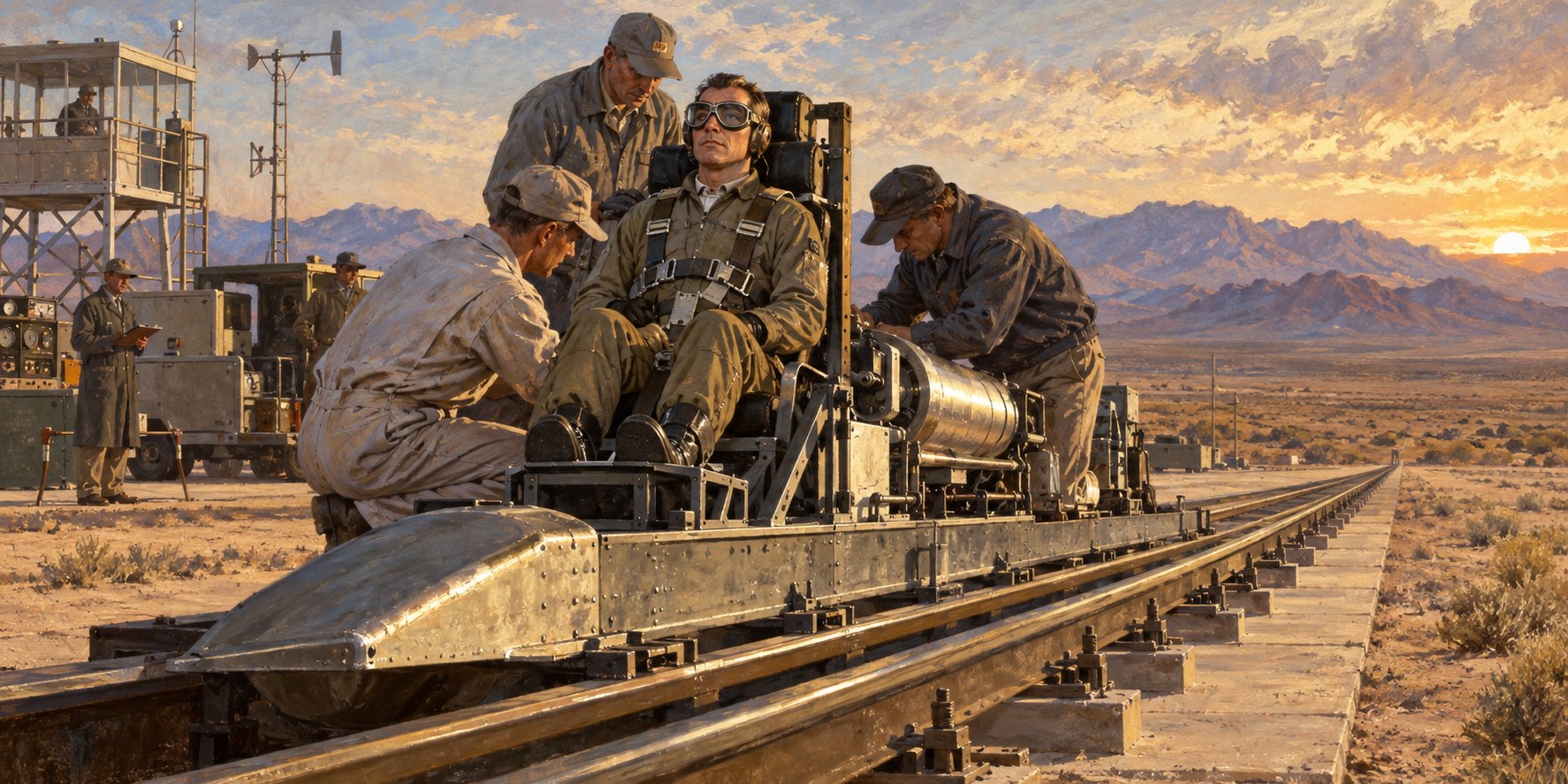 A test pilot is secured in a rocket sled while a ground crew checks his harness.