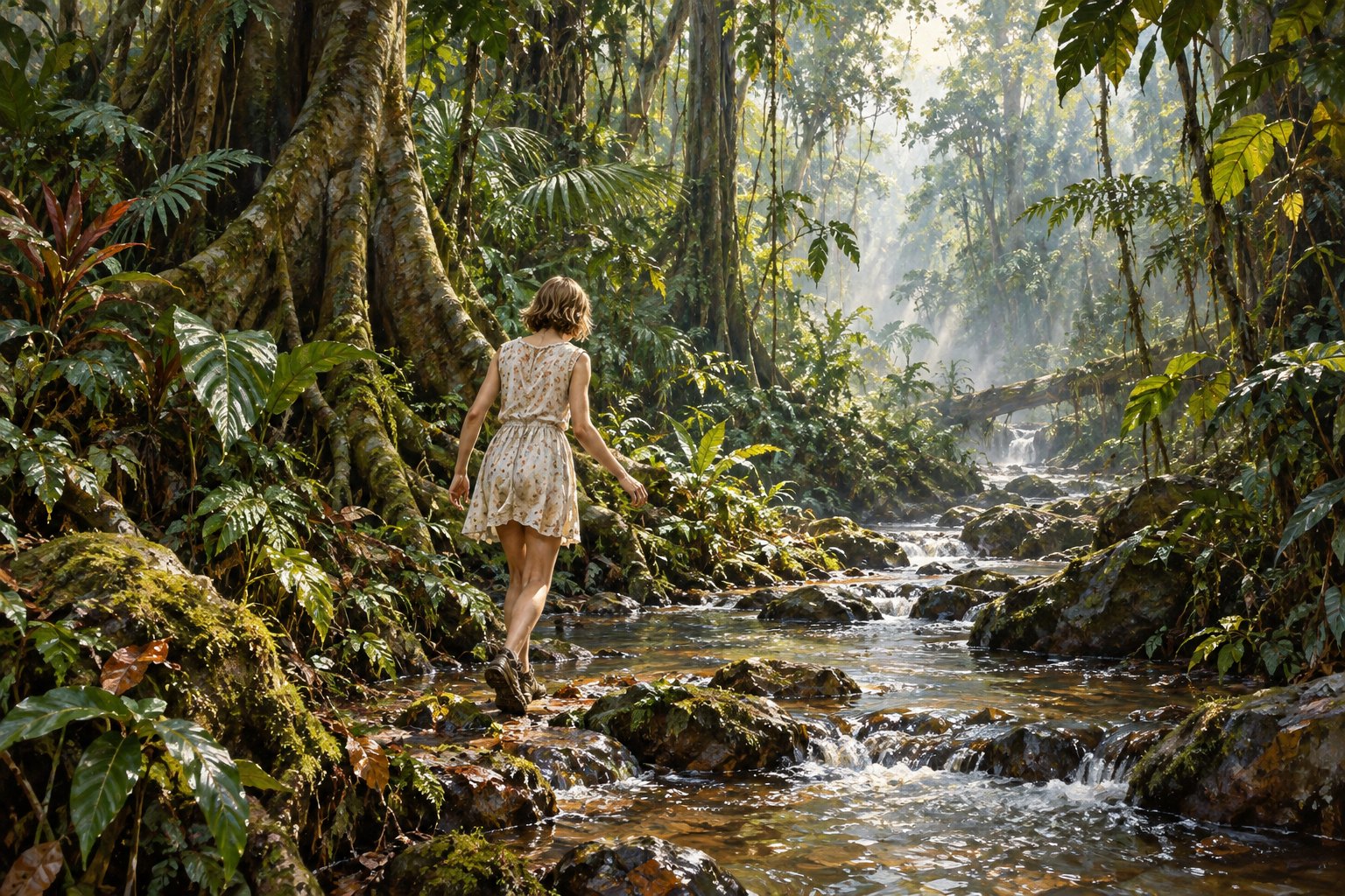 A young survivor follows a stream through dense Amazon rainforest.