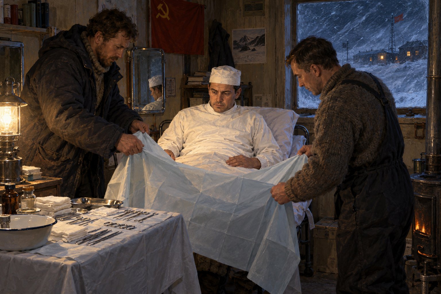 An Antarctic doctor and two expedition colleagues prepare a draped medical bed.