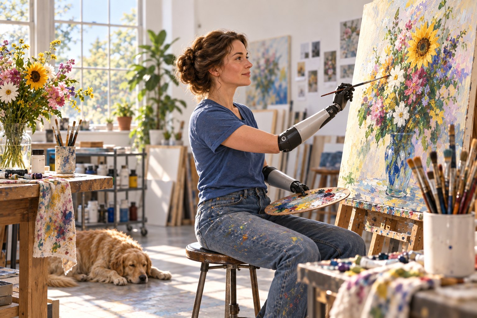 An adult woman with modern forearm prostheses paints flowers in a bright studio.