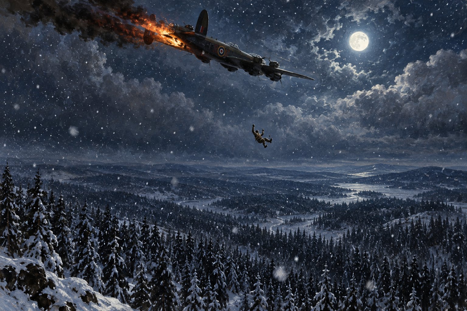 An airman falls beneath a burning bomber toward snow-covered pine forest.