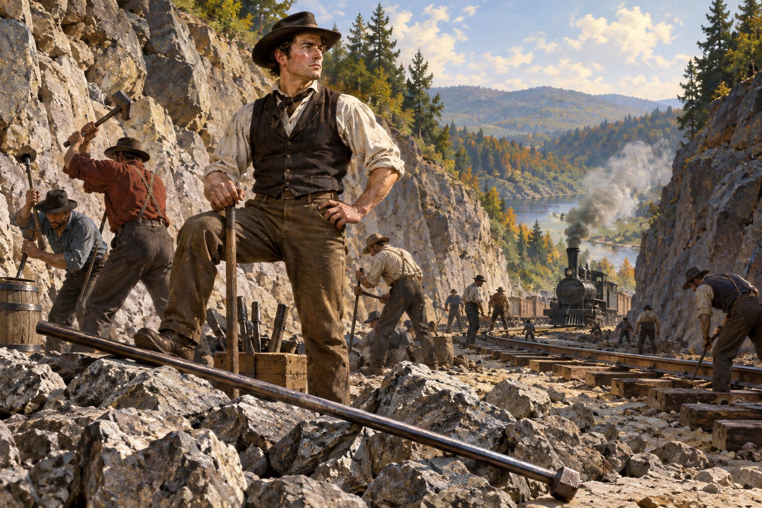 An 1840s railway worker stands beside drilling tools and a long iron rod.