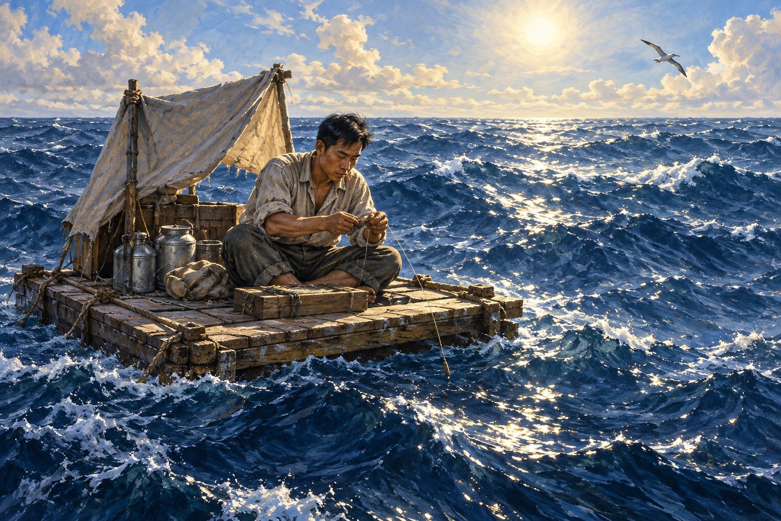 A lone seaman tends fishing gear on a small wooden raft in the Atlantic.
