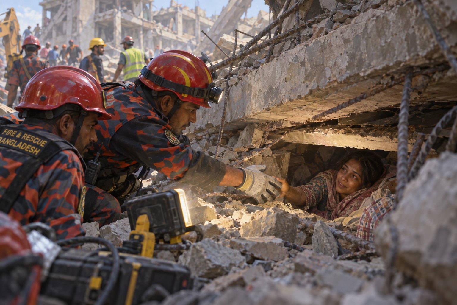 Rescuers reach toward a woman sheltered in a gap beneath collapsed concrete.