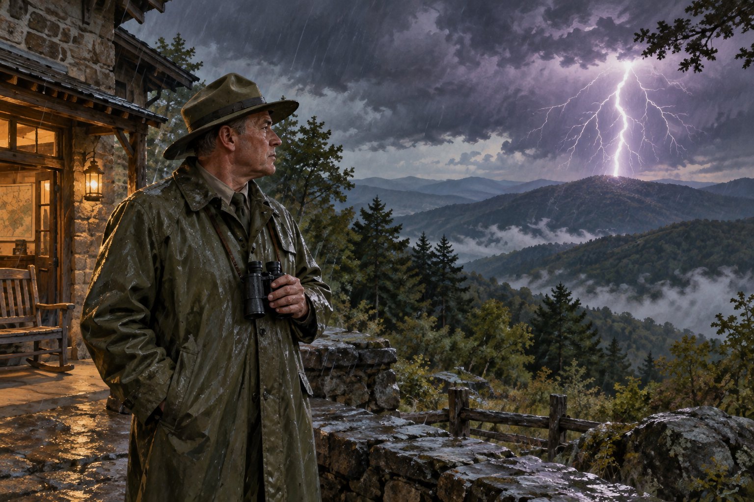 A park ranger watches lightning over the Virginia mountains from a shelter.