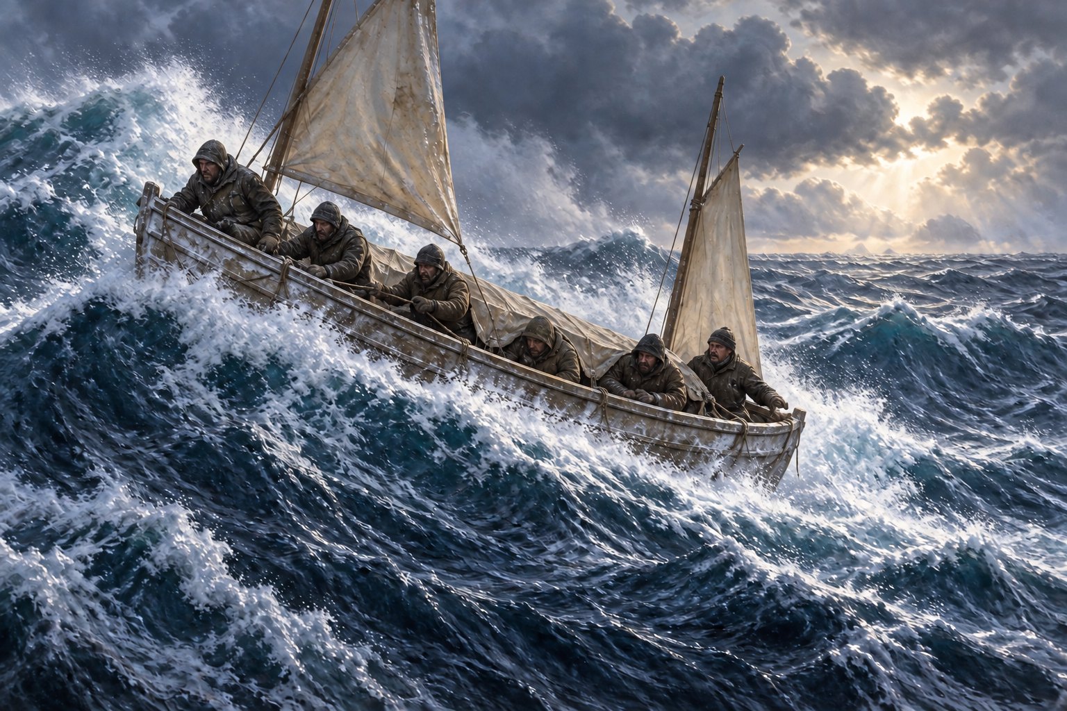 Six men in a small wooden sailing boat ride a huge ocean swell.
