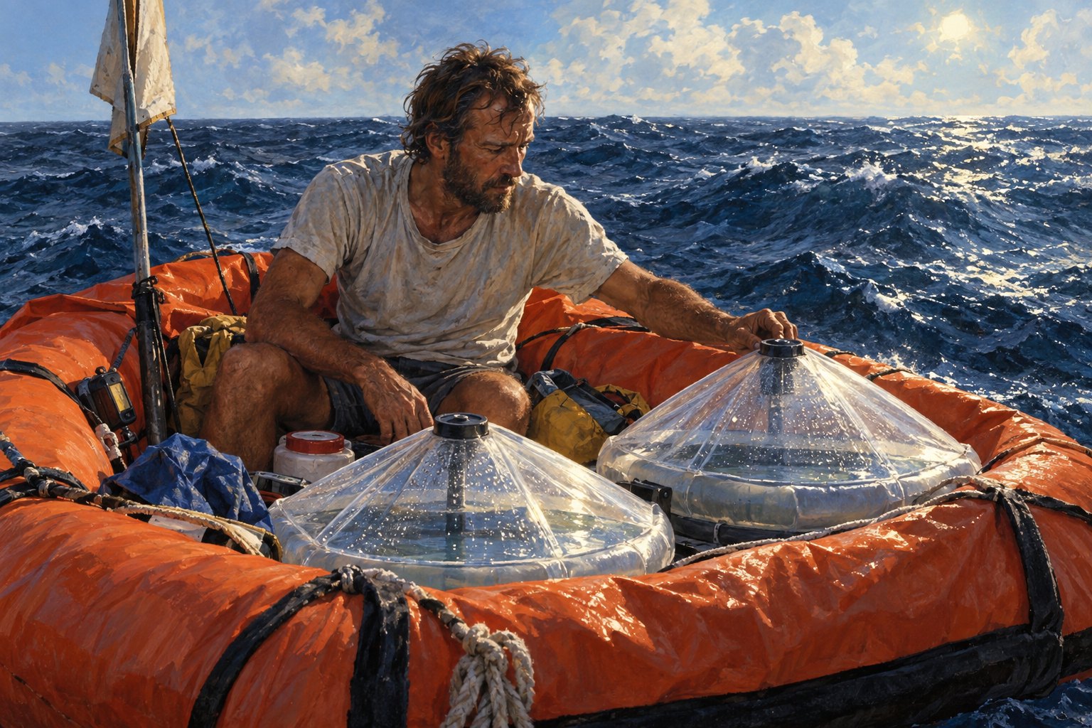 A lone sailor tends two solar water stills in an inflatable raft.