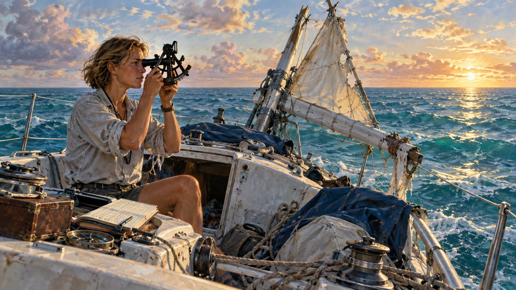 A woman uses a sextant aboard a damaged yacht with an improvised sail.