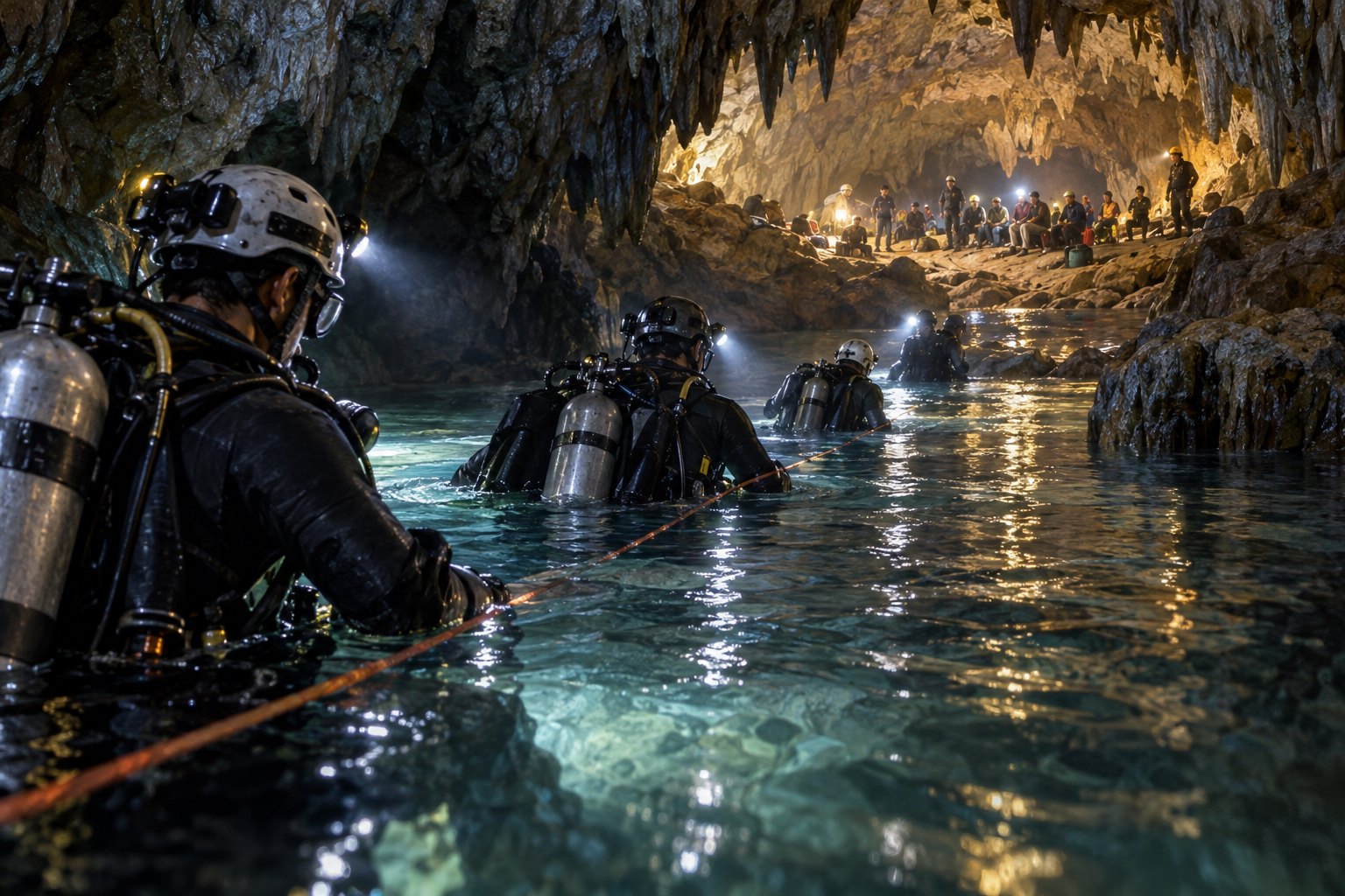 A cave-diving team follows a guide line through water toward a waiting group.
