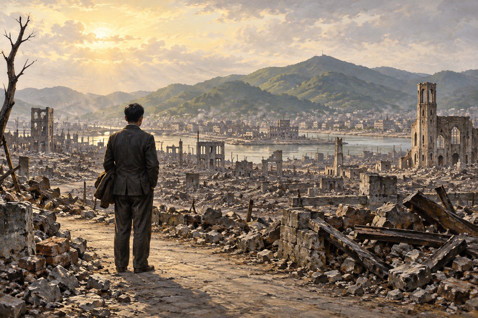 A man looks across a ruined city toward distant hills.