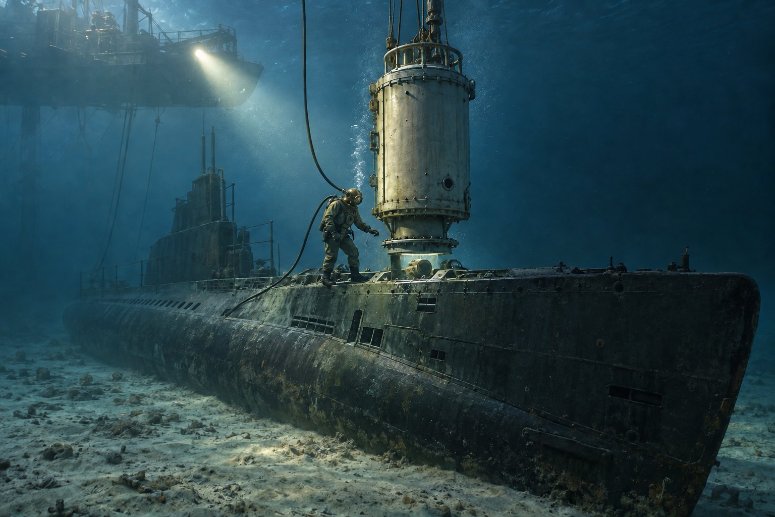 A tethered rescue chamber descends toward a submarine on the seabed beside a diver.