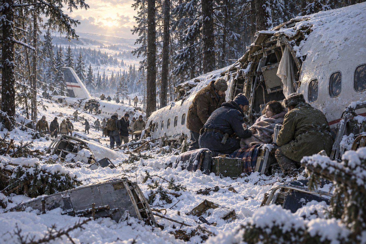 Rescuers gather beside a broken aircraft on a snowy wooded slope.