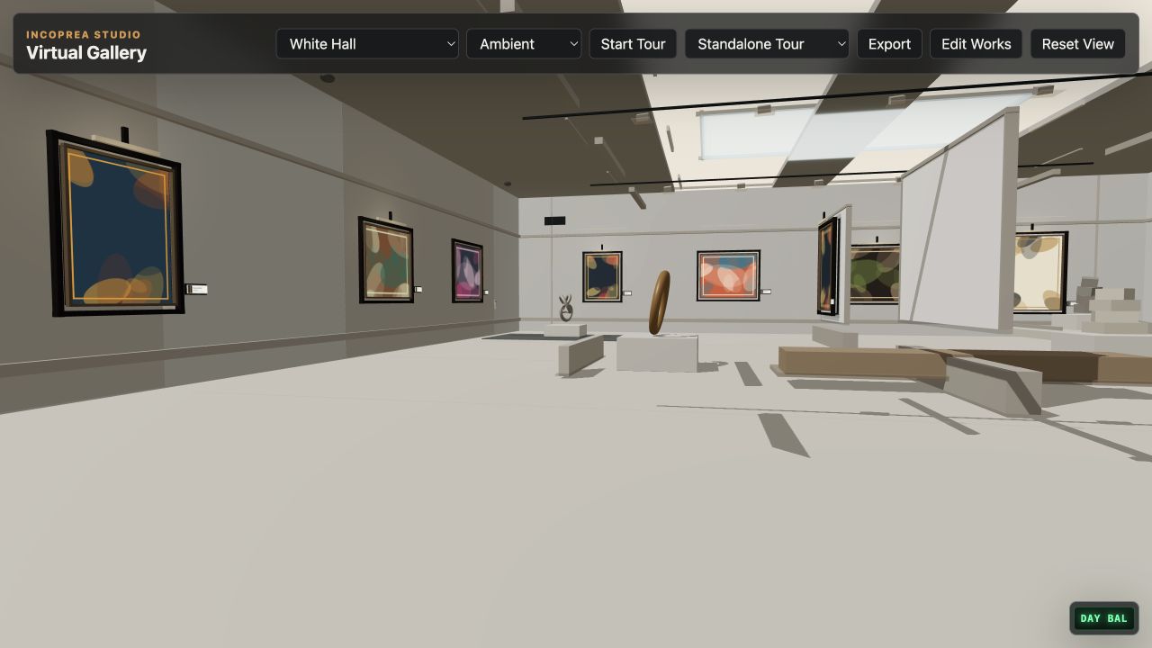 Virtual Gallery white exhibition hall displaying a built-in sample art show