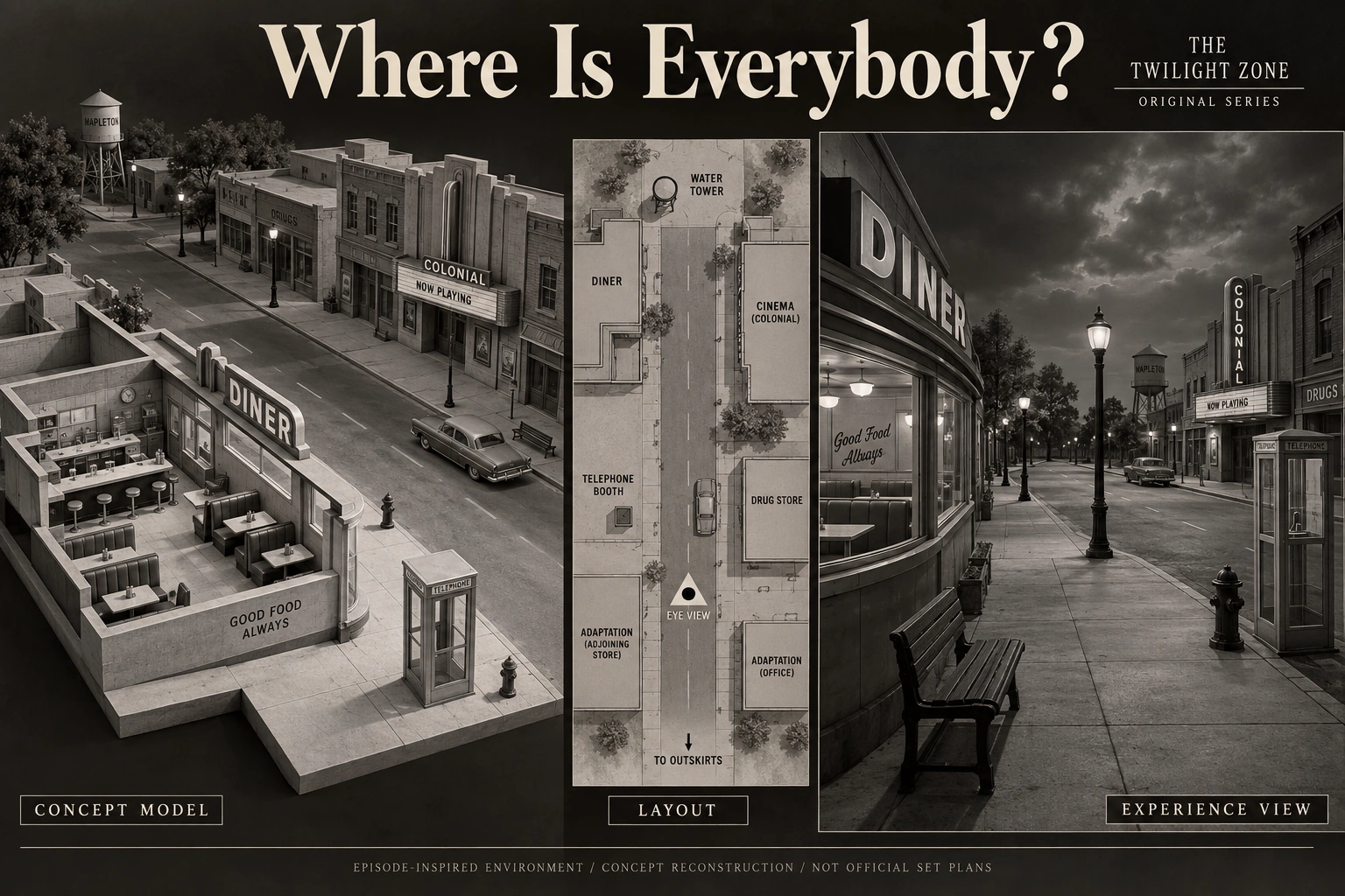 Set model design board for The Twilight Zone: Where Is Everybody?.