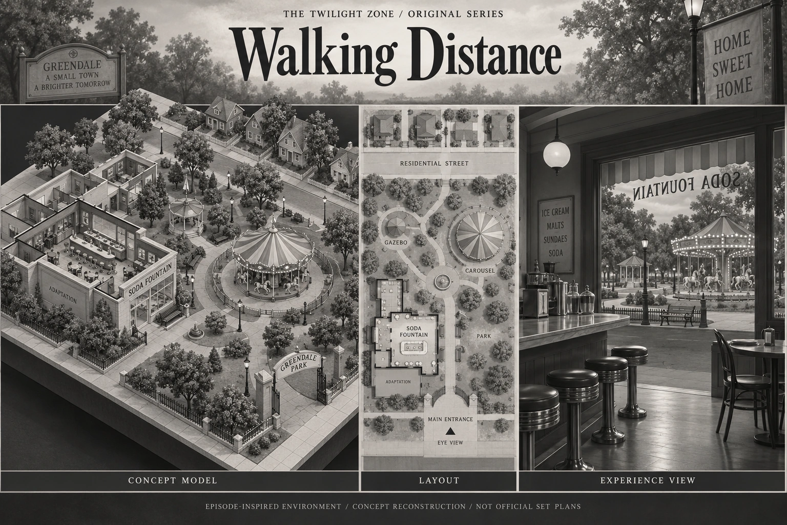 Set model design board for The Twilight Zone: Walking Distance.