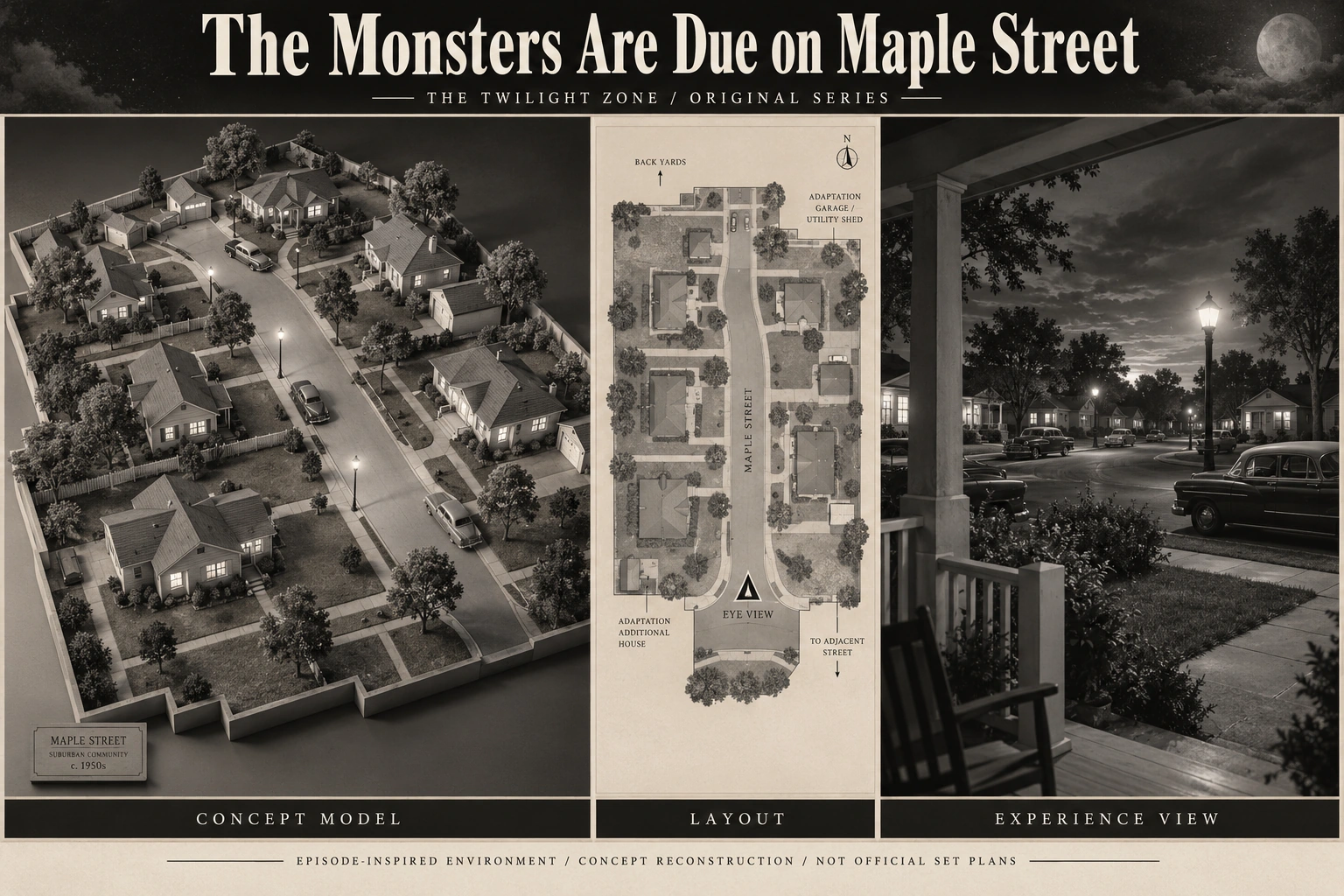 Set model design board for The Twilight Zone: The Monsters Are Due on Maple Street.