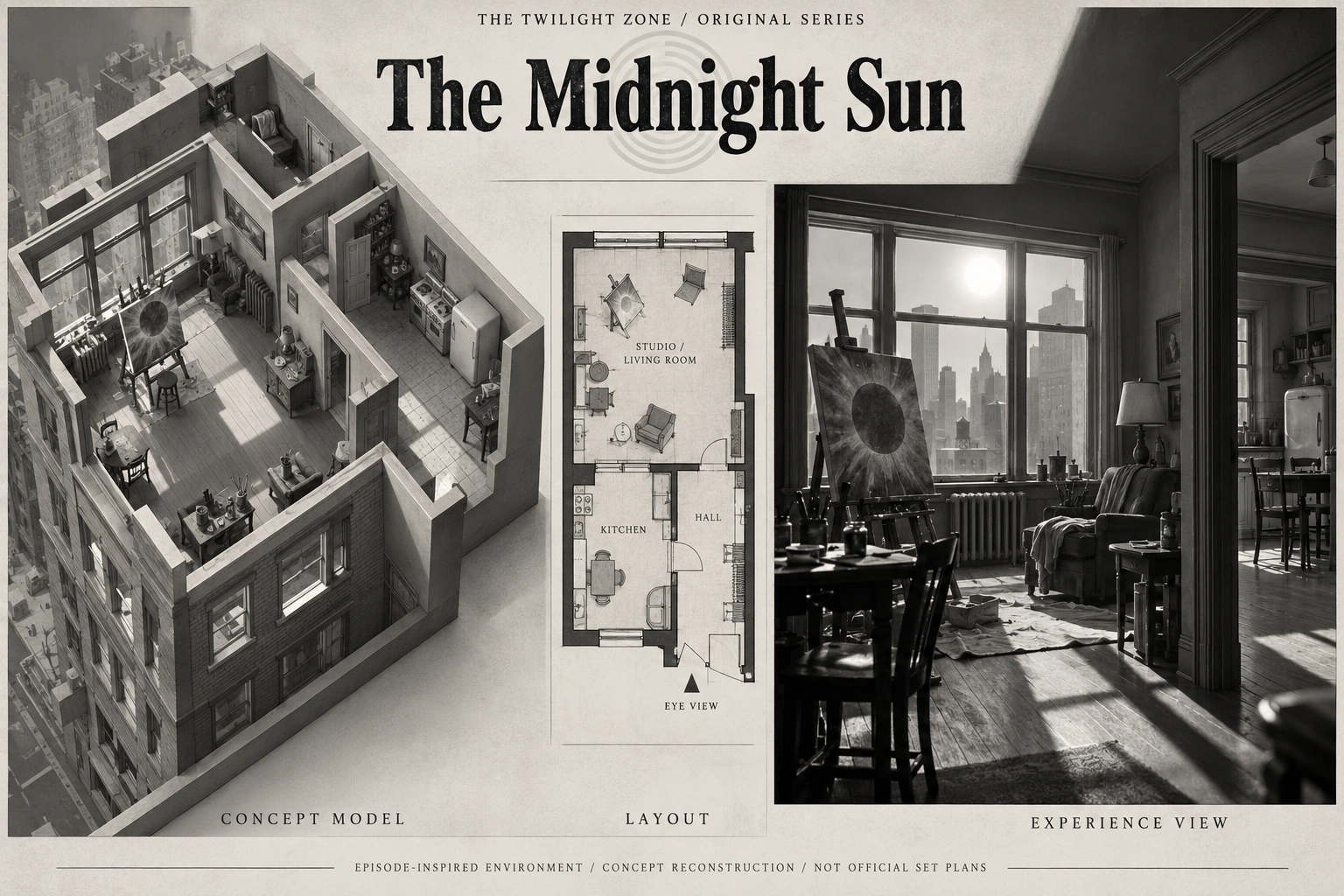 Set model design board for The Twilight Zone: The Midnight Sun.