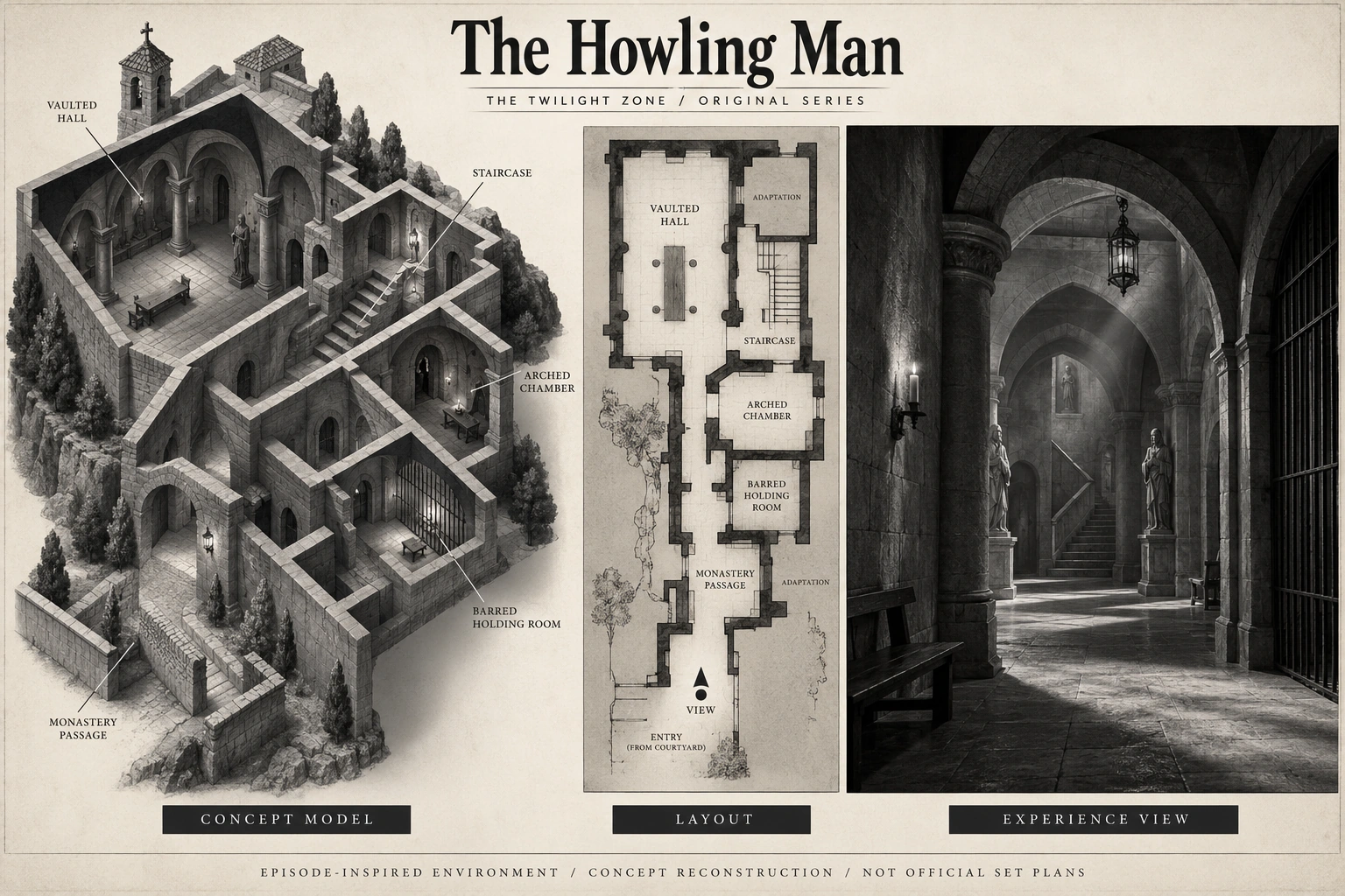 Set model design board for The Twilight Zone: The Howling Man.