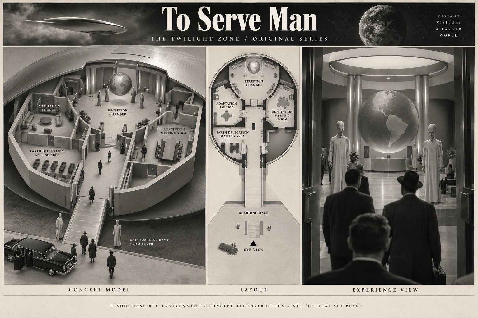 Set model design board for The Twilight Zone: To Serve Man.