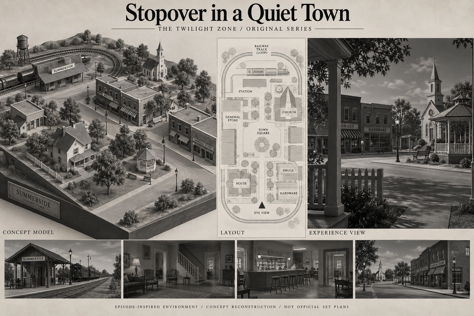 Set model design board for The Twilight Zone: Stopover in a Quiet Town.