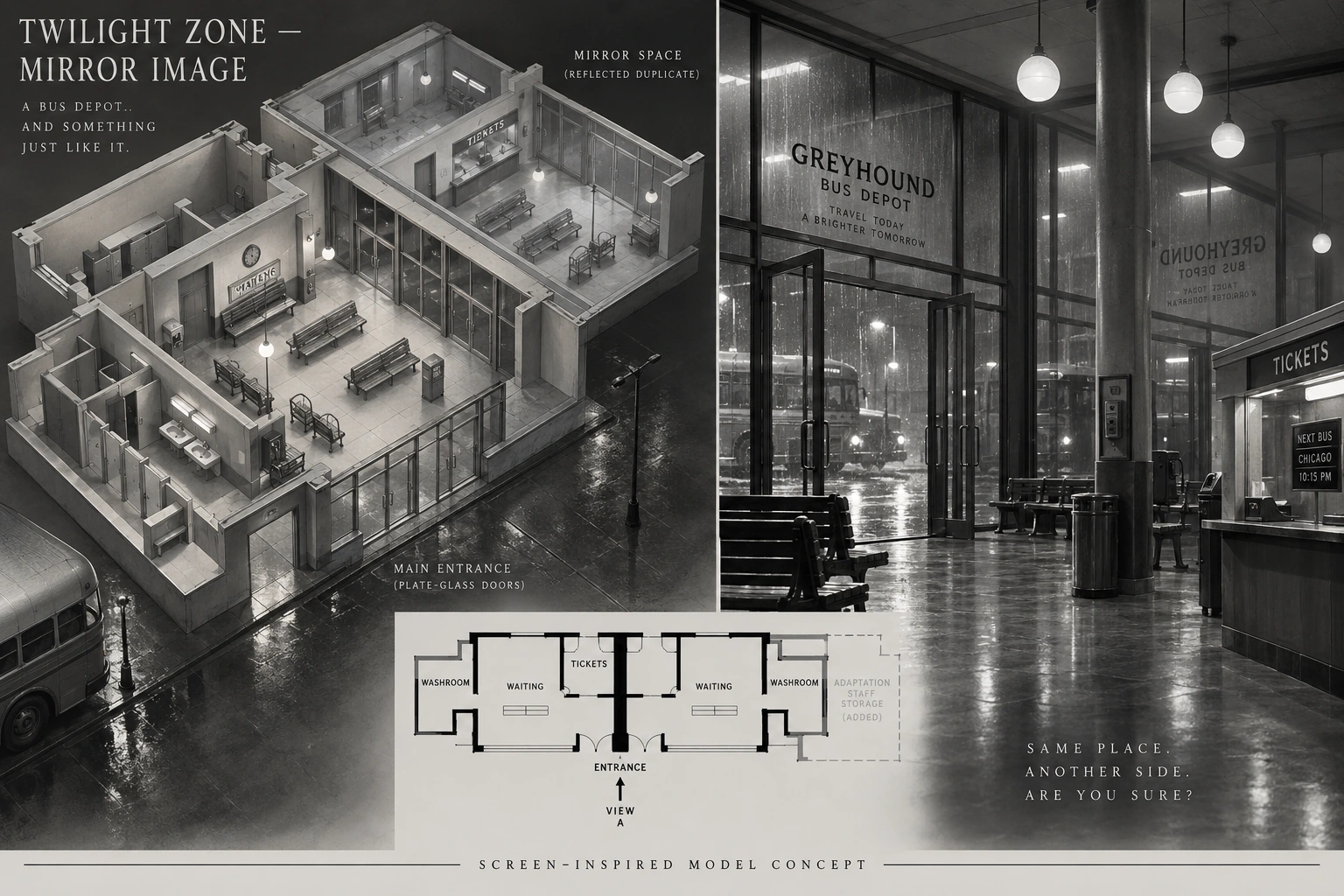 Set model design board for The Twilight Zone: Mirror Image.