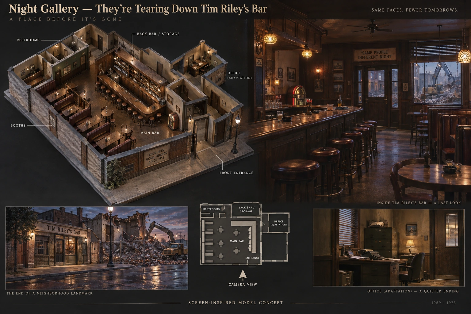 Set model design board for Night Gallery: They're Tearing Down Tim Riley's Bar.