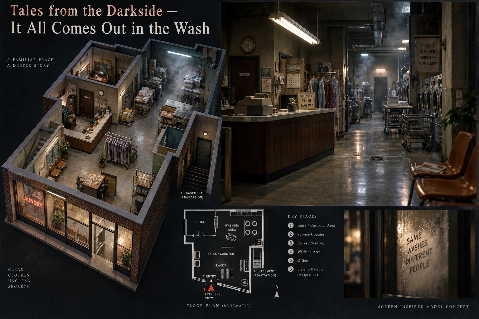 Set model design board for Tales from the Darkside: It All Comes Out in the Wash.