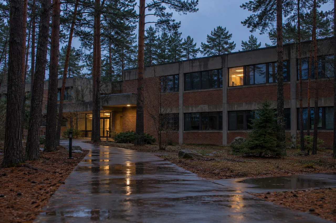 Red Pines Community College at dusk, between wet paths and tall red pines