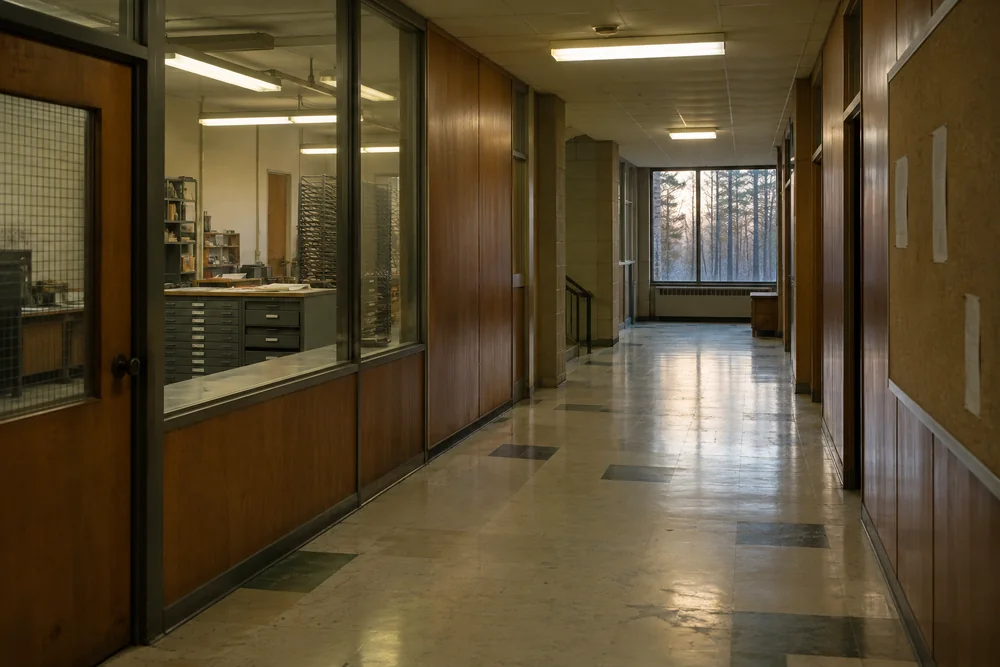 Empty Red Pines student-union corridor in early morning light