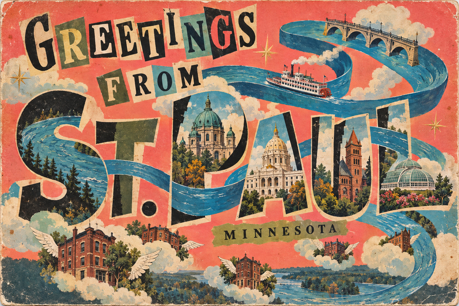 Greetings from St. Paul — surreal 1960s postcard with an airborne river
