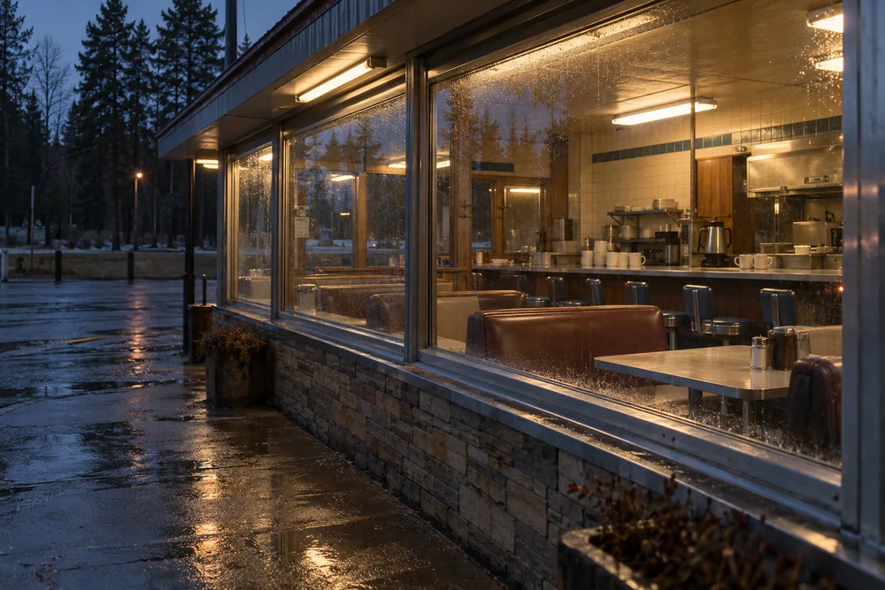 Switchyard Diner, an empty fictional Pine Crossing diner before dawn
